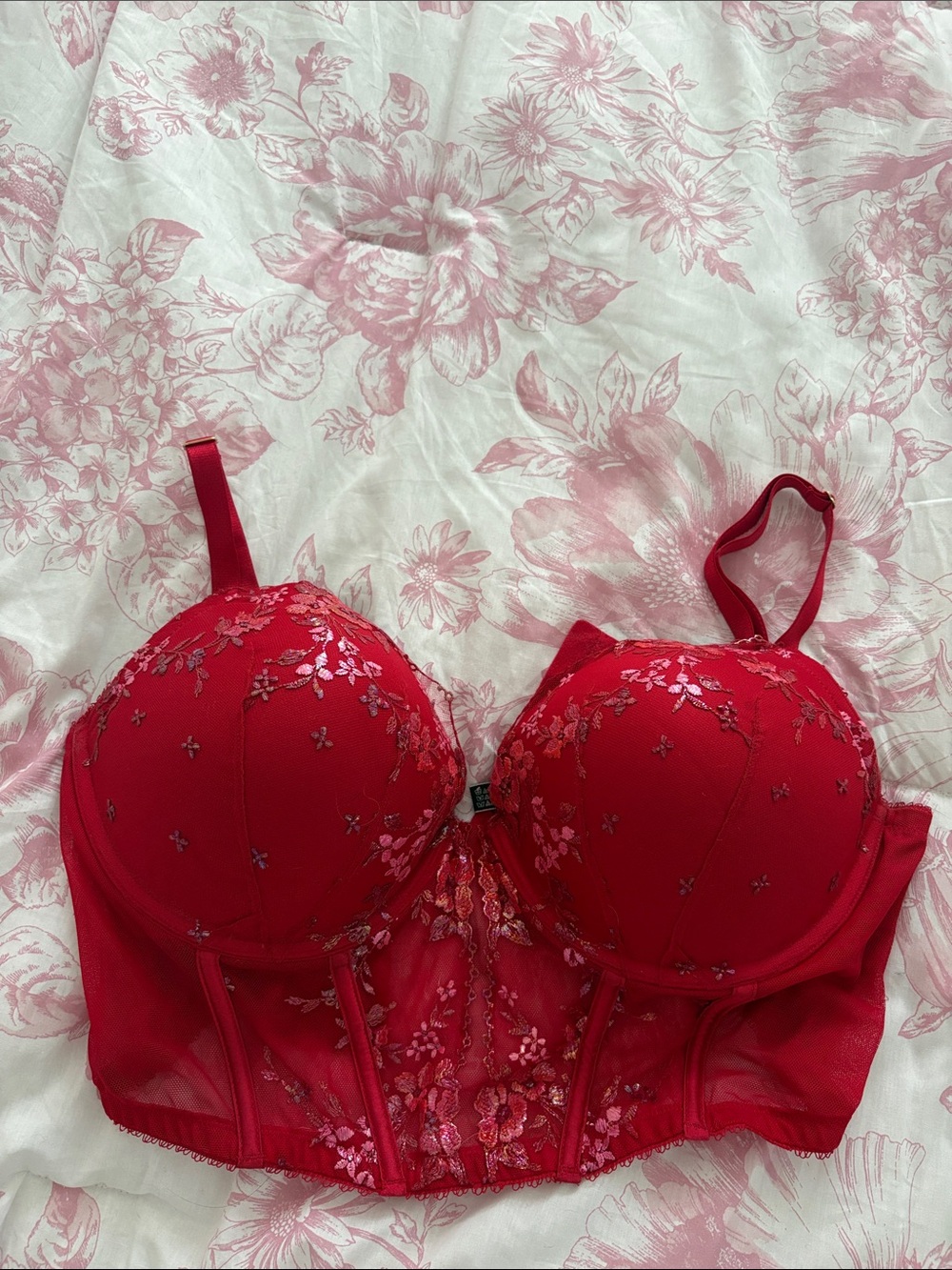Victoria Secret Red Floral Embroidered Longline Bra